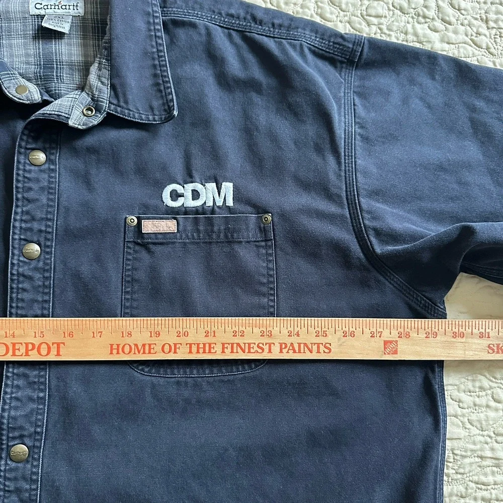 Carhartt‎ Shirt Jacket Men's 2XL Navy Blue Canvas Flannel Lined CDM Logo Company